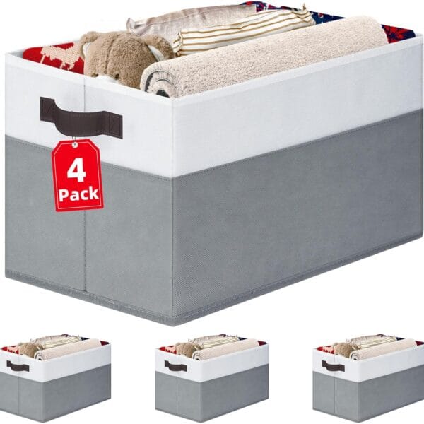 4 Pack Large Closet Storage Baskets Bins for Shelves | Fabric Closet Organizers and Storage with Handles Home Organization | Decorative Collapsible Baskets for Organizing Clothes Toy Nursery 14"x10"
