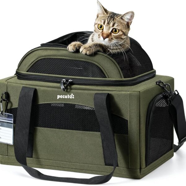 Pecute Expandable Pet Carrier Airline Approved Dog Cat Carrier, Breathable Soft-Sided with Locking Zippers, Pet Travel Bag for Small Dog Cat Leakproof Pee Pad (Dark Green)