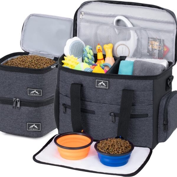 Dog Travel Bag Kit for Supplies - Large Pet Travel Bag for Dogs - Convenient Luggage Sleeve, Overnight, and Weekend Trips - Includes 2 Food Containers, 1 Organizer, 2 Collapsible Bowls Black
