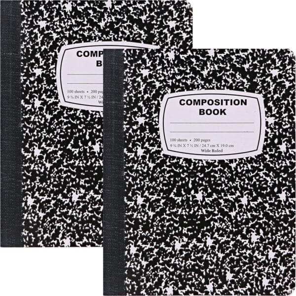 Emraw Composition Notebook Wide Ruled (2 Pack) Hard Cover Marble composition notebook, 100 Sheets, Wide Ruled Composition Notebooks, White Paper Composition books, Black and white composition notebook.