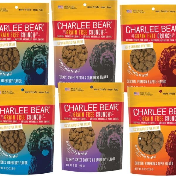 Charlee Bear Dog Training Treats for Small, Medium & Large Breeds, Crunchy Low Calorie Grain Free Dog Treats, USA Made, Three Flavor Variety 6 Pack, 8oz Each