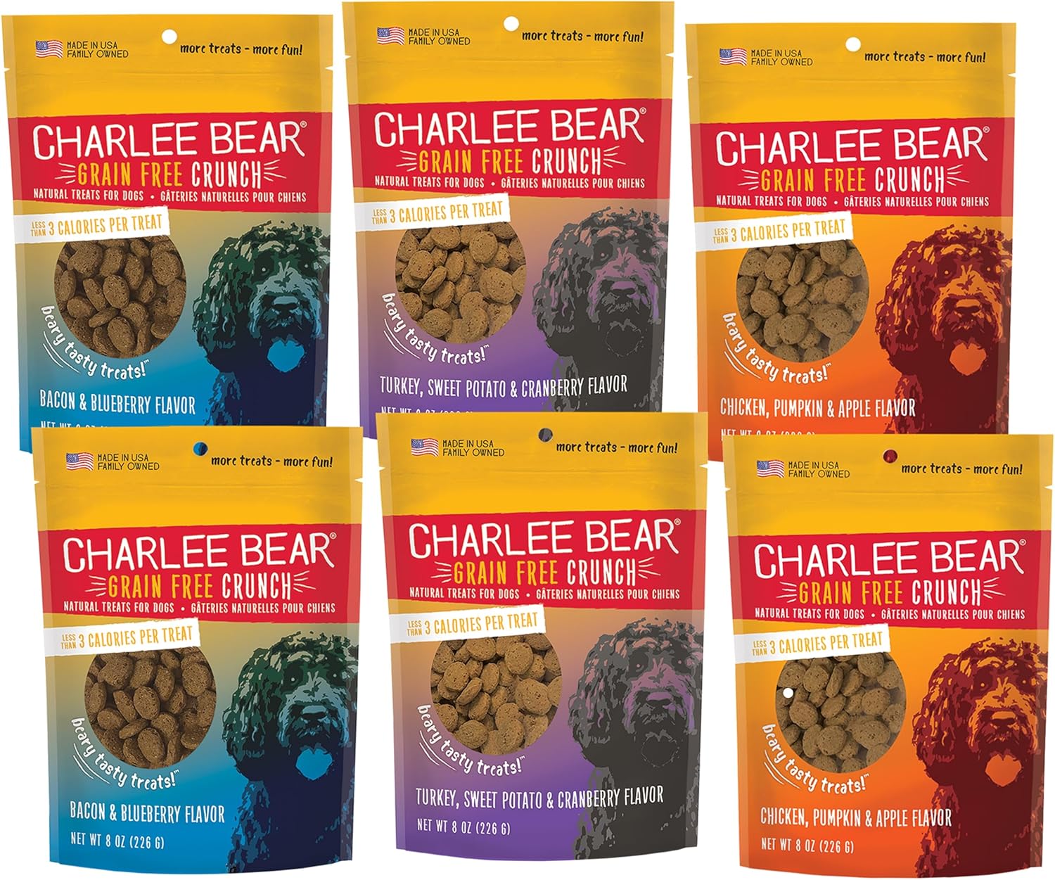 Charlee Bear Dog Training Treats for Small, Medium & Large Breeds, Crunchy Low Calorie Grain Free Dog Treats, USA Made, Three Flavor Variety 6 Pack, 8oz Each Charlee Bear Dog Training Treats for Small, Medium & Large Breeds, Crunchy Low Calorie Grain Free Dog Treats, USA Made, Three Flavor Variety 6 Pack, 8oz Each