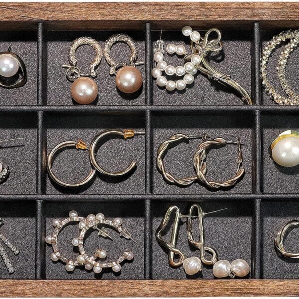 Wood Jewelry Organizer Tray with PU-Leather Linen, Earring Organizer Jewelry Organizer Showcase Display Drawer Organizer Storage, Earring Holder Necklace Bracelet Ring Accessary Organizers (12 Grids)