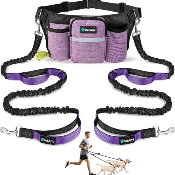 PetAmi Premium Hands Free Dog Leash for 2 Dogs, Adjustable Waist Belt Leash for Dog Walking, Fanny Pack Accessories Bag Dual Bungee Leash for Running, Hiking, Jogging, Biking, Purple