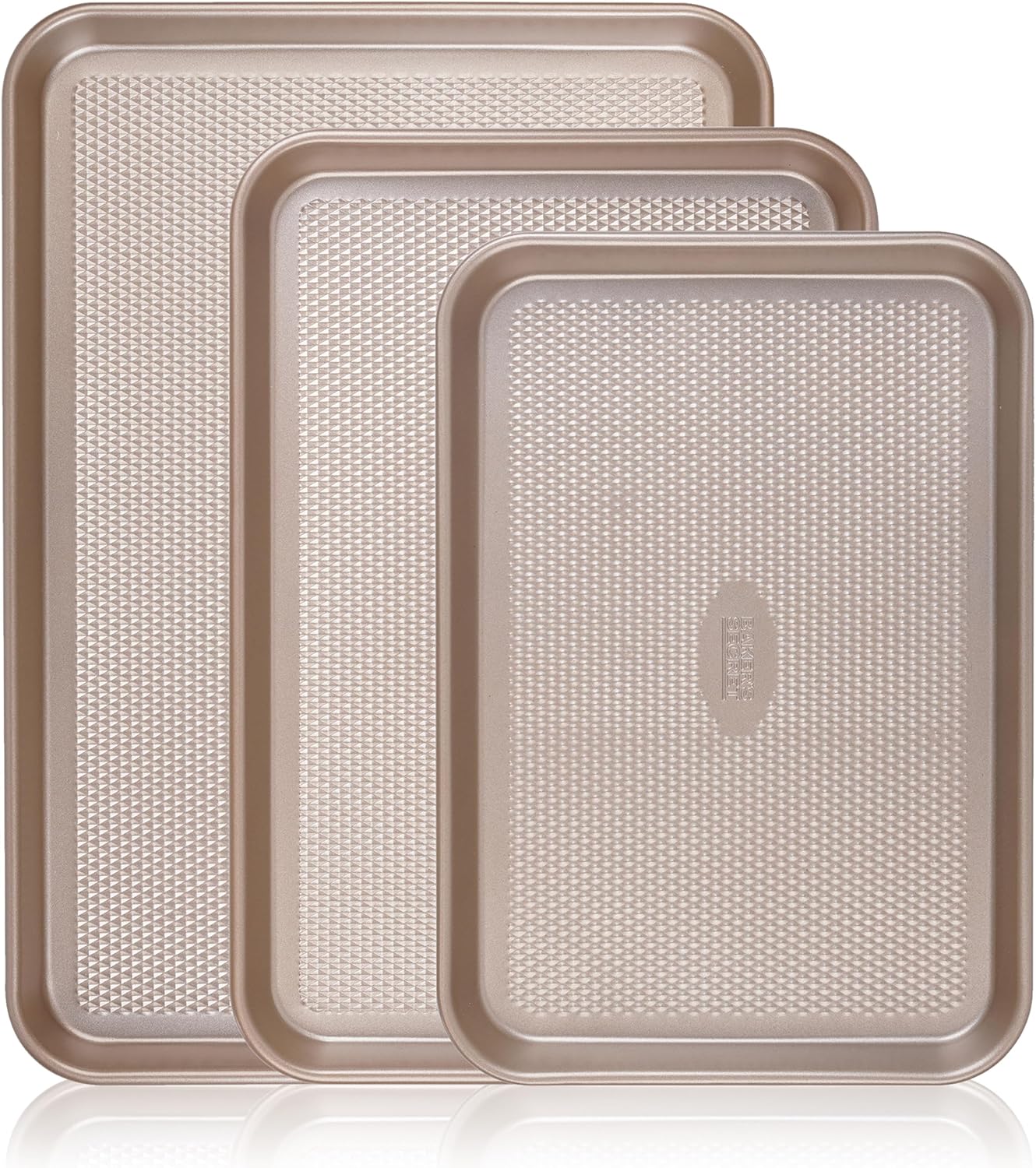 Baker's Secret Baking Sheet Pan Set, 3x Cookie Sheets For Oven, Diamond Texture Premium Air Flow, Set Of 3 Baking Trays, Extra Thick 0.6mm With Diamond Base PFOA, PFOS, PTFE And PFAS Free Baker's Secret Baking Sheet Pan Set, 3x Cookie Sheets for Oven, Diamond Texture Premium Air Flow, Set of 3 Baking Trays, Extra Thick 0.6mm with Diamond Base PFOA, PFOS, PTFE and PFAS free