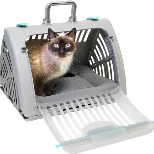 SportPet Designs Sport Pet Foldable Travel Cat Carrier with A Waterproof Bed - Front Door Plastic Collapsible Carrier, Gray (CM-10064-CS01)
