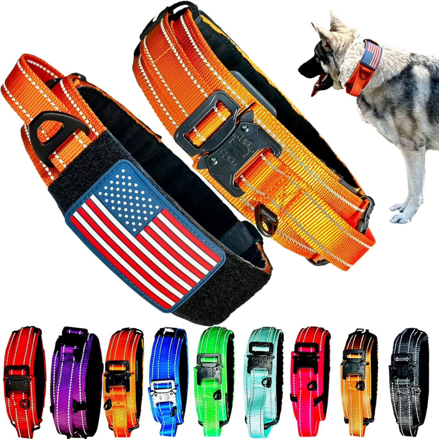 2-Inch Wide Tactical Dog Collar with Control Handle, Adjustable for Medium & Large Dogs, Military Style with Heavy-Duty Metal Buckle, USA Flag Patch & Customizable Name Plate, Training & Everyday Use 2-Inch Wide Tactical Dog Collar with Control Handle, Adjustable for Medium & Large Dogs, Military Style with Heavy-Duty Metal Buckle, USA Flag Patch & Customizable Name Plate, Training & Everyday Use