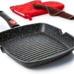 Moss & Stone Square Grill Pan for Indoor Cooking, 11-Inch Nonstick Griddle Skillet with Removable Handle, RV Die-Cast Aluminum Stove Top Grill Pan for Meats & Vegetables, Detachable Handle