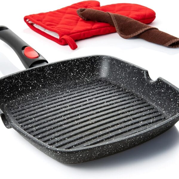 Moss & Stone Square Grill Pan for Indoor Cooking, 11-Inch Nonstick Griddle Skillet with Removable Handle, RV Die-Cast Aluminum Stove Top Grill Pan for Meats & Vegetables, Detachable Handle