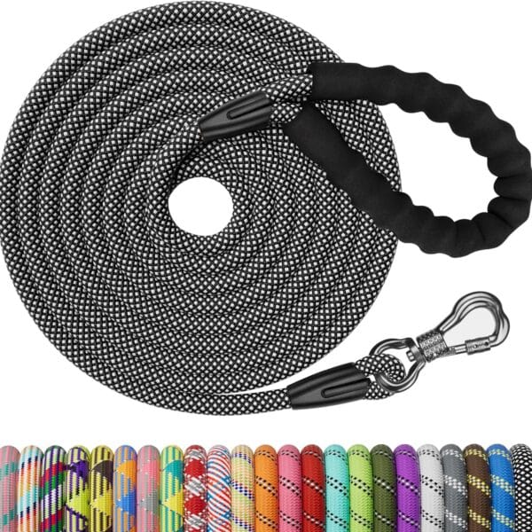 NTR 15FT Training Leash for Dogs, Nylon Rope Dog with Swivel Lockable Hook and Comfortable Padded Handle, Cat Puppy Lead Small Medium Large Dogs Training, Playing, Camping, or Backyard