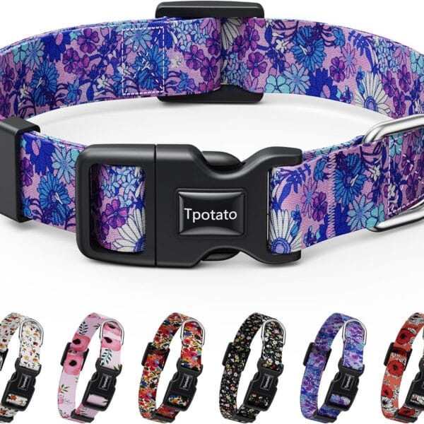 Tpotato Reflective Combination Pattern Girl Dog Collar for Puppy Small Medium Large Breed Dogs,Female Cute Floral Designer Dog Collars,Adjustable Soft Nylon Pet Collar,Quick Release Dog Collar XS