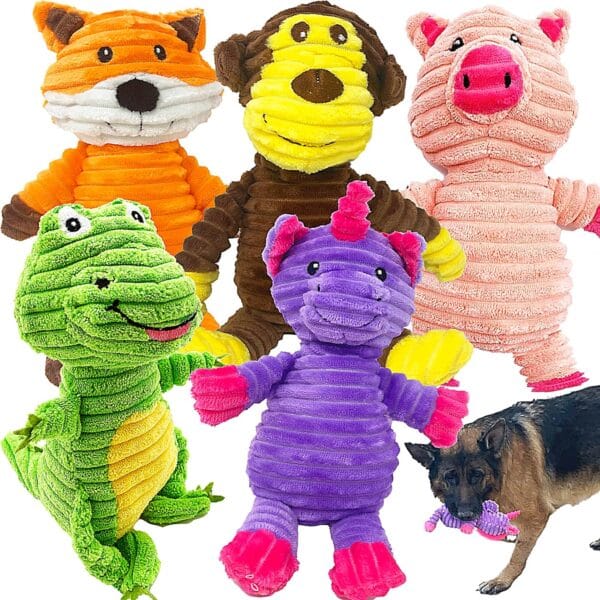 Jalousie Plush Toys Assortment Value Bundle Puppy Pet Mutt Squeak Toy for Medium Large Dogs (5 Pack Corduroy)