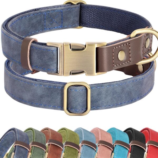 Didog Soft PU Leather Dog Collar for Large Dogs,Classic Adjustable Dog Collars with Quick Release Metal Buckle,Easy Clean and Comfortable with Nylon Lining,Blue,L Neck 15-23"