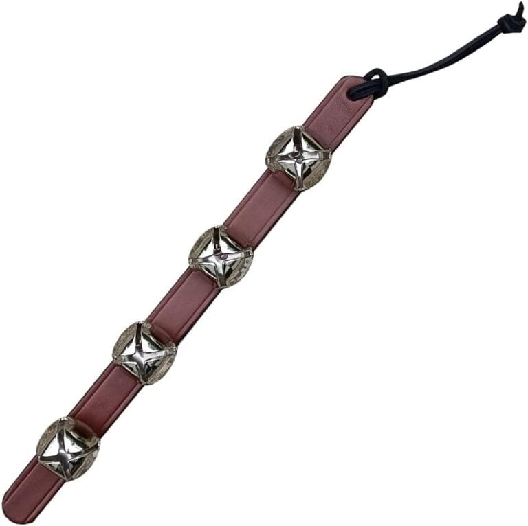 Rustic Red Door Co. Hanging Jingle Sleigh Bells on Leather Strap for Door Knob, Dog to Go Outside, Pet Puppy Potty Training, Christmas Decor, 4 Silver Plated, 14" Straip, Brown