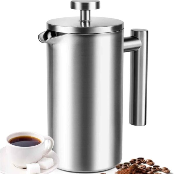 French Press 34 oz, Full Stainless Steel French Press Coffee Maker 4 Cups, Upgrated Double-Walled Insulated French Coffee Presses, Food Grade Good for Kitchen Camping, Dishwasher Safe 2 More Filters