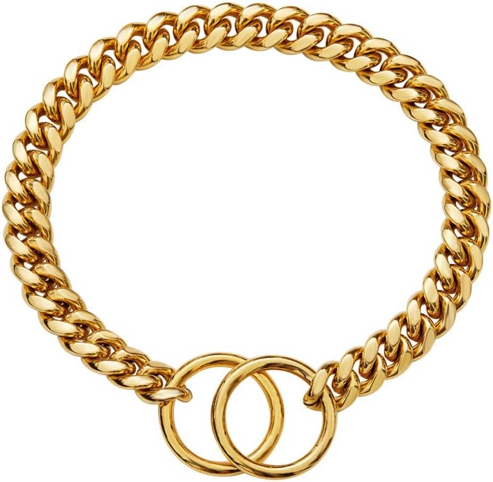 18K Gold Chain Dog Collar 10MM Cuban Link Chain Stainless Steel Metal Links Walking Training Collar Choker for Small Medium Large Dogs 12in to 26in (22(Neck Fits 18"))