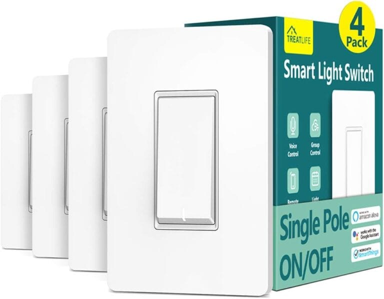 TREATLIFE Smart Light Switch Single Pole Works with Alexa, Google Home and SmartThings, 2.4GHz WiFi Timer Smart Switch, Neutral Wire Required, No Hub Required, FCC Listed, 4 Pack