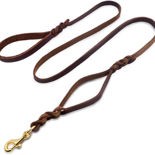 Leather Double Handle Dog Leash-1.8cm Width by 6ft Length, Braided Training Lead with Traffic Handle, Easy Control and Heavy Duty