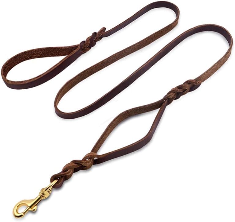 Leather Double Handle Dog Leash-1.8cm Width by 6ft Length, Braided Training Lead with Traffic Handle, Easy Control and Heavy Duty