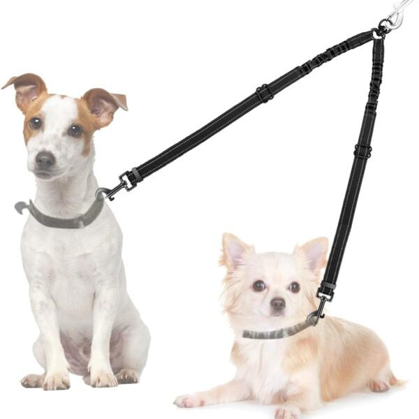 Double Dog Leash, No Tangle 360Swivel Rotation Reflective Lead Attachment Adjustable Length Dual Two Dogs Lead Splitter, Comfortable Shock Absorbing Walking Training for 2 Dogs