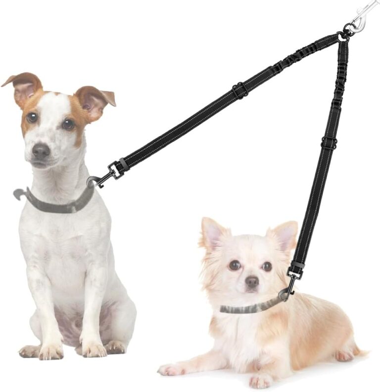 Double Dog Leash, No Tangle 360Swivel Rotation Reflective Lead Attachment Adjustable Length Dual Two Dogs Lead Splitter, Comfortable Shock Absorbing Walking Training for 2 Dogs