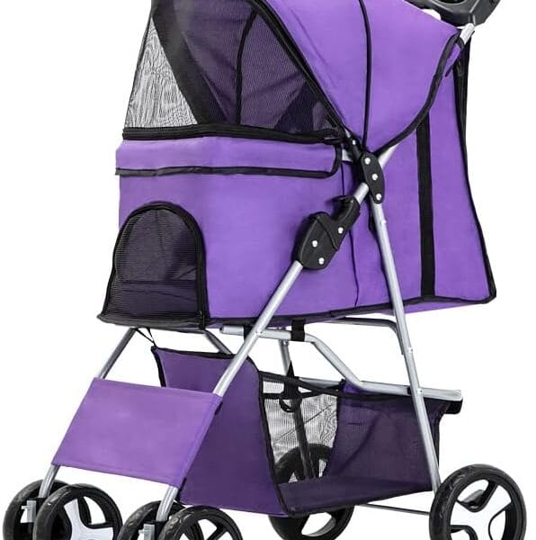 Pet Stroller 4 Wheels, Foldable Cat Dog Cage Stroller Travel Carrier Strolling Cart with Cup Holder & Storage Basket Doggie Strollers (Purple)