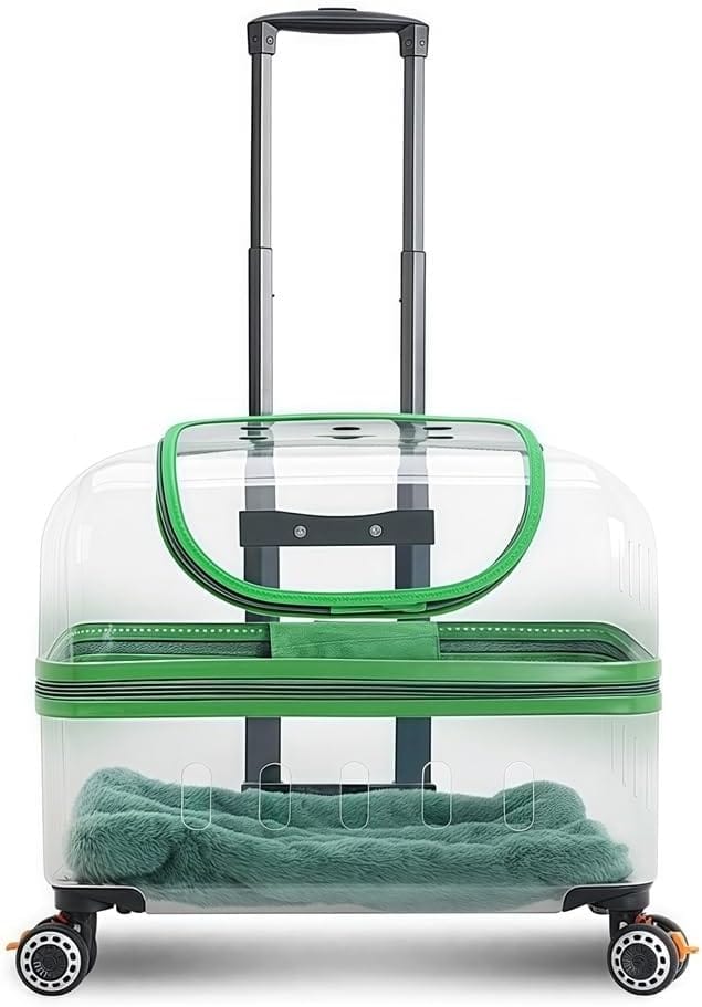Hard Pet Carrier with Wheels, Pet Carrying Case with Clear Window, Large Cat Travel Carrier for Pets up to 22 Lbs(Green)