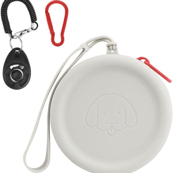 WALLFID Silicone Dog Treat Pouch Small Bag,with Pet Training Clicker,Walking Bag for Dog and Cat, Pocket Size, Easy to Clean, Odorless, Zipper Design,Moisture-Proof,Travel Walking Bag.(Light Grey)