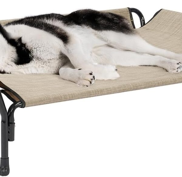 Veehoo Cooling Elevated Dog Bed, Raised Pet Cot with Guardrail & Slope Headrest, Durable Breathable Teslin Mesh, Non-Slip Feet, Washable Dog Couch Bed for Indoor & Outdoor, 47" x 32", Beige Coffee