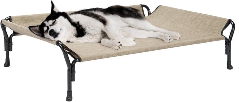 Veehoo Cooling Elevated Dog Bed, Raised Pet Cot with Guardrail & Slope Headrest, Durable Breathable Teslin Mesh, Non-Slip Feet, Washable Dog Couch Bed for Indoor & Outdoor, 47" x 32", Beige Coffee