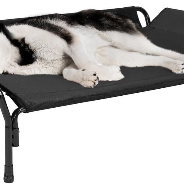Veehoo Cooling Elevated Dog Bed, Raised Pet Cot with Guardrail & Slope Headrest, Durable & Breathable Teslin Mesh, Non-Slip Feet, Washable Dog Sofa Bed for Indoor & Outdoor, Large 47" x 32", Black