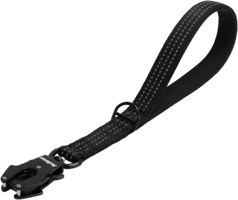 PetBonus Heavy Duty Short Dog Leash, 12 Inch Nylon Traffic Leash with Quick Release Clip, Comfortable Padded Handle, Reflective Training Lead for Medium Large Dogs (Black, 12")