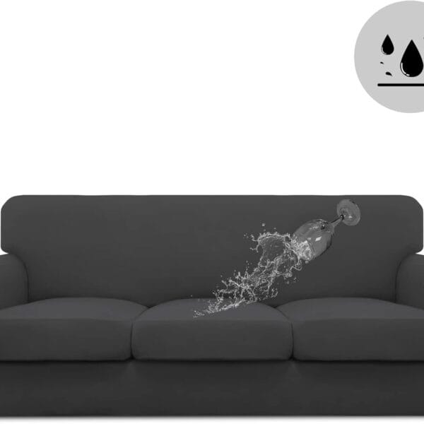 Easy-Going 100% Dual Waterproof 4 Pieces Stretch Soft Couch Cover for Dogs, Sofa Slipcover for 3 Separate Cushion Couch Leakproof Furniture Protector for Kids, Pets Dark Gray