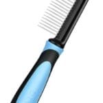 Flexzion Metal Pet Comb for Cats & Dogs - Sturdy Stainless Steel Rounded Teeth with Non-Slip Soft Grip Handle Easy to Use Grooming Detangling Cat Combs for Indoor Cats, Blue