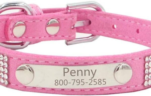 THAIN Rhinestones Personalized Dog Cat Collar Bling Diamond with Engraved Stainless Steel Nameplate for Small Medium Large Dogs (XS, Pink)