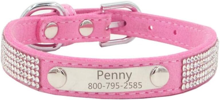 THAIN Rhinestones Personalized Dog Cat Collar Bling Diamond with Engraved Stainless Steel Nameplate for Small Medium Large Dogs (XS, Pink)