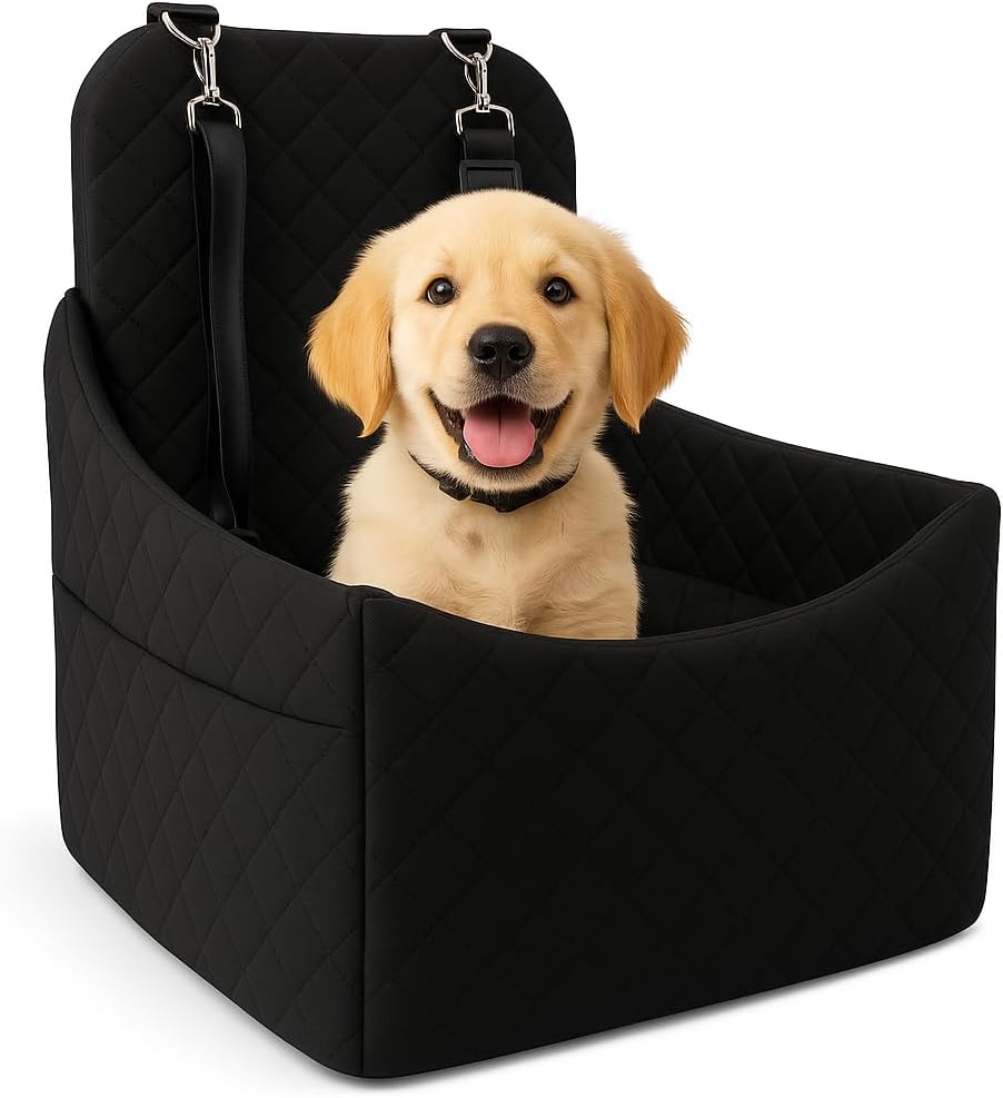 Elevated Dog Car Seat for Small/Medium Dogs up to 35 lbs, Memory Foam Pet Booster Seat with Detachable Washable Cover, Portable Travel-Safe Bed for Cars with Safety Belts and Storage Pockets Elevated Dog Car Seat for Small/Medium Dogs up to 35 lbs, Memory Foam Pet Booster Seat with Detachable Washable Cover, Portable Travel-Safe Bed for Cars with Safety Belts and Storage Pockets