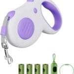 Retractable Dog Leash, 16 ft Dog Leash for Pets up to 44 lbs, Durable ABS and Aluminum Alloy Clip, Includes 4 Rolls of Poop Bags and Bag Holder, Purple and White