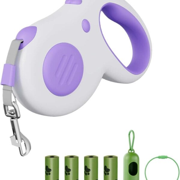 Retractable Dog Leash, 16 ft Dog Leash for Pets up to 44 lbs, Durable ABS and Aluminum Alloy Clip, Includes 4 Rolls of Poop Bags and Bag Holder, Purple and White