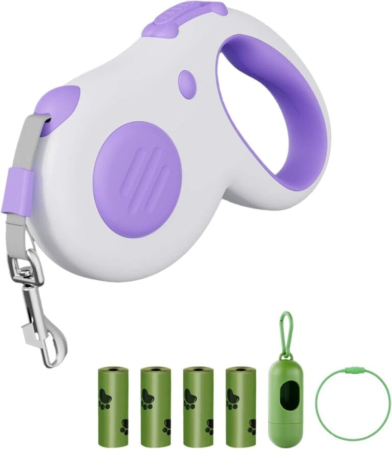 Retractable Dog Leash, 16 ft Dog Leash for Pets up to 44 lbs, Durable ABS and Aluminum Alloy Clip, Includes 4 Rolls of Poop Bags and Bag Holder, Purple and White