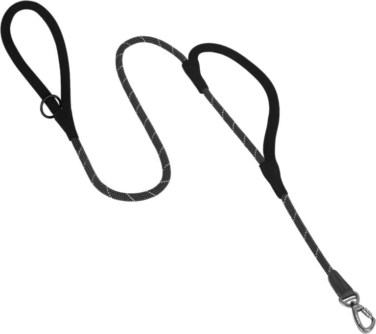 PetBonus Double Handle Rope Dog Leash, 5FT Heavy Duty Training Lead with Lockable Hook and 2 Comfortable Padded Handles, Reflective Walking Nylon Leash for Small Medium Dogs (11-55 lbs, Black)