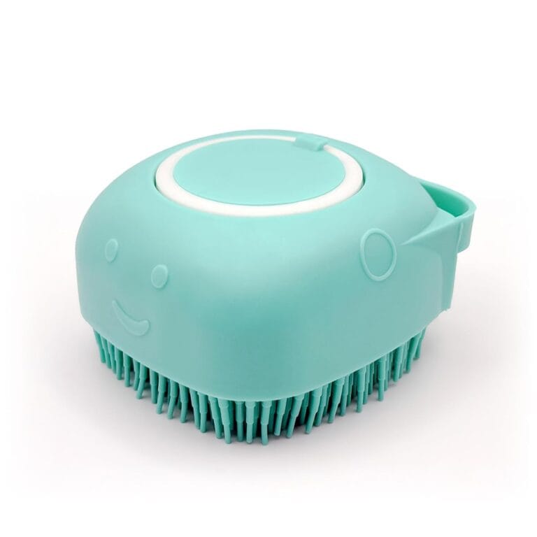 HamInWay Dog Bath Brush, 2-in-1 Dog Grooming Brush with Built-in Shampoo Dispenser, Gentle Silicone Bristles for Bath & Massage, Non-Slip Handle, Easy Clean Design for Dogs, Cats & Small Pets, Blue