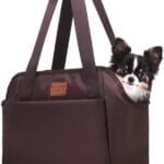 FDJASGY Dog Purse Carrier with Pocket and Safety Tether,Soft-Sided Small Dog Carrier for Small Medium Pet Outdoor Shopping Tote Bag Coffee