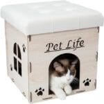 Designer Cat House Furniture Bench - Foldable Cat Bed, White Leather Pet Lounge, Stylish & Comfortable