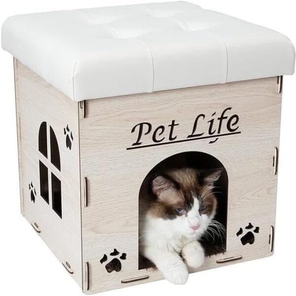 Designer Cat House Furniture Bench - Foldable Cat Bed, White Leather Pet Lounge, Stylish & Comfortable
