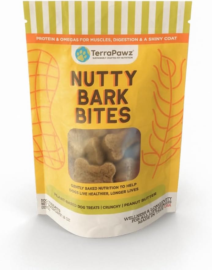 TerraPawz Functional Plant-Based Nutty Bark Bites - Vegan Dog Treats with Chia & Flaxseed for Skin & Coat Health, Natural Dental Support, Omega-Rich Training Treats - Peanut Butter Flavor (8 OZ)