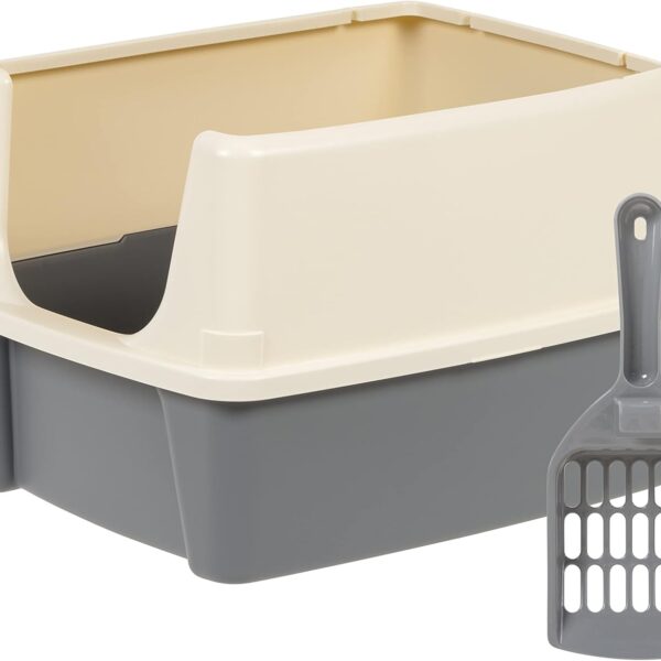 Amazon Basics Large Cat Litter Box with High Sides, Open Top, Includes Scoop, 19 x 15 x 11.75 inches, Grey/Beige