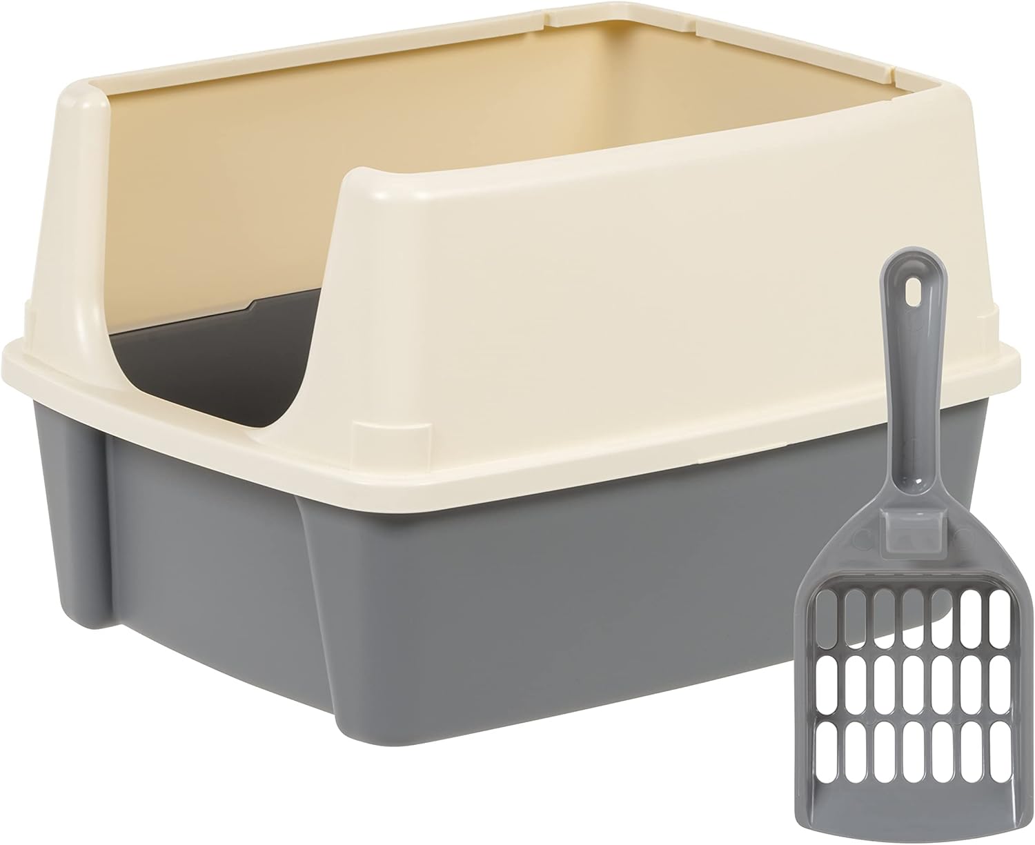 Amazon Basics Large Cat Litter Box with High Sides, Open Top, Includes Scoop, 19 x 15 x 11.75 inches, Grey/Beige Amazon Basics Large Cat Litter Box with High Sides, Open Top, Includes Scoop, 19 x 15 x 11.75 inches, Grey/Beige