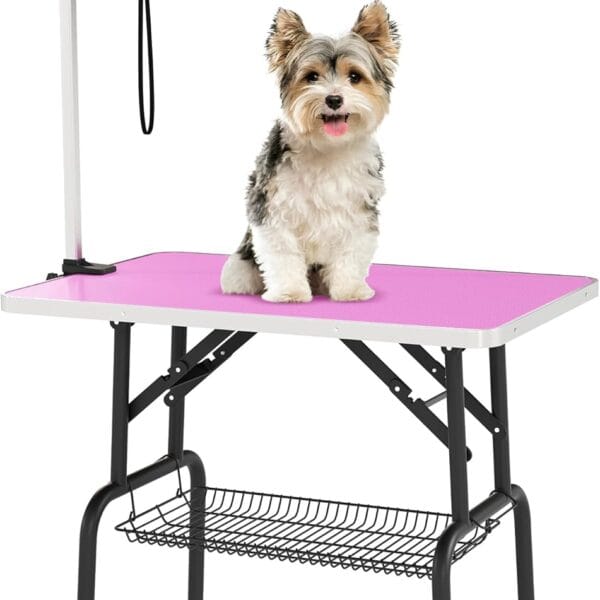 DWVO 36'' Dog Grooming Table, Foldable Pet Grooming Table with Adjustable Arm, Loop, and Mesh Tray, Non-Slip Portable Dog Bathing Station, Pink