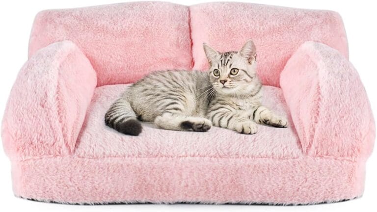 pawstrip Cat Couch Bed with Removable Cover Washable Pink Small Dog Bed Soft Plush Pet Sofa for Indoor Cats Cute Princess Puppy Cushion, Non-Slip Bottom (Pink, 30x21x12 inch)